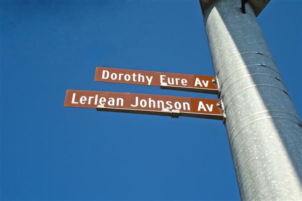 Commemorative street signs for Dorothy Eure Ave and Lerlean Johnson Ave